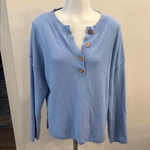 Medium Blue Button-Up Henley Women's Top - Picture 1 of 6